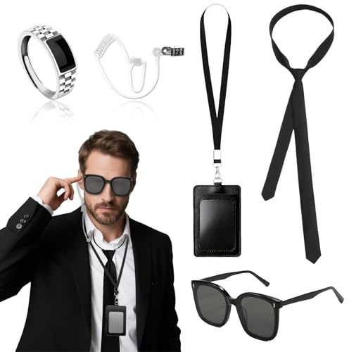 TUONYIS 5 Stücke Agenten Zubehör Set Geheimdienst Chauffeur Kostüm Zubehör Set, mit Sonnenbrille, Krawatte, Kartenhalter, Ohrhörer Schlauch, Wachmann Cosplay Set, für Karneval Halloween (Schwarz)