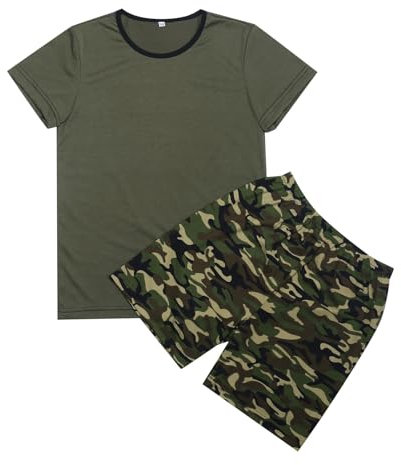 Generisch Tuta da bambino per ragazzi e ragazze, pantaloncini estivi, set grafico Camo-T in pile, pigiama per bambini, verde militare, 11-12 Anni