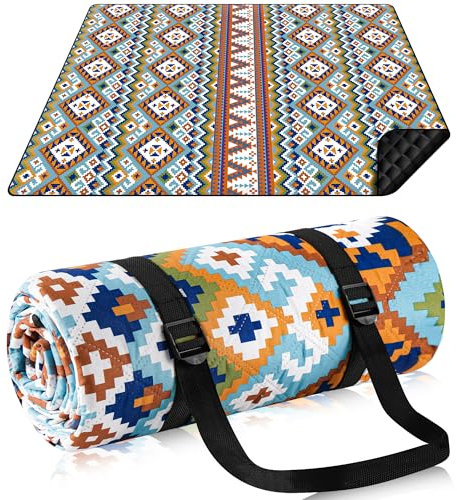SOMLAW Picknickdecke 200x200 cm, Picknickdecke XXL mit Tragegriff, Picknick Decke Wasserdicht & Isolierte Unterseite, Picknickdecke Waschbar Picnic Blanket für 4-7 Personen (Blau Kariert)
