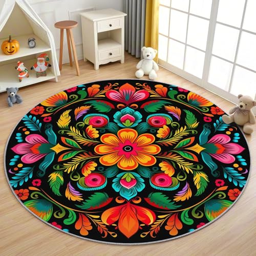 AevuCub Mexikanische Teppich Rund 200cm Kurzflor - Waschbare Teppiche Wohnzimmer Mexiko Vintage Blumen - Runder Teppich 200 cm Durchmesser - Bettvorleger Schlafzimmer rutschfest Weich