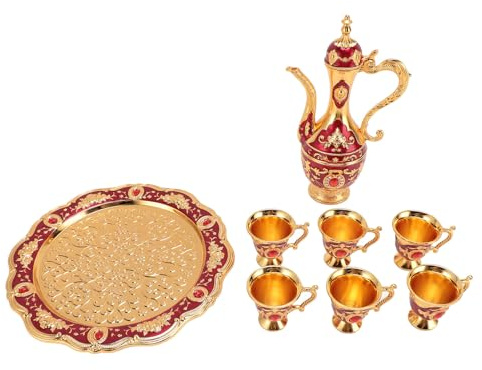 PODSJD Juego Tetera marroquí de té Turco con 6 Tazas pequeñas – Tetera Vintage de aleación de Zinc, Resistente y Elegante - para café, té, reuniones y decoración