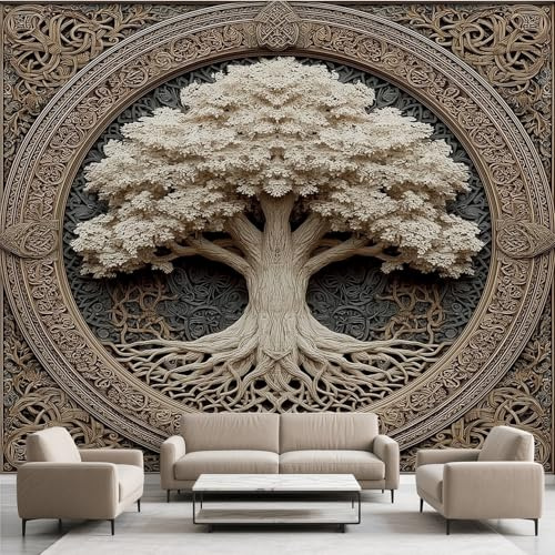 Baum des Lebens keltische Tapeten 350x260 cm Selbstklebende Tapete Wikinger Mythologie Rune Fototapete Abnehmbar Vinyl Wandaufkleber für Wohnzimmer Schlafzimmer Dekor