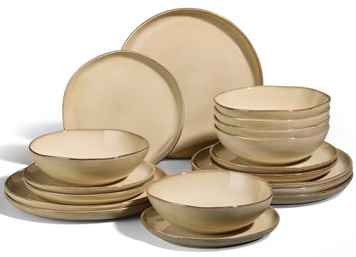 Joyfair Dinner Set, 18 Pieces Stoneware Dinnerware Set Service for 6, Reactive Glaze Irregular Shape Plates and Bowls, Chip & Scratch Resistant, Microwave & Dishwasher Safe, Sandy Khaki
