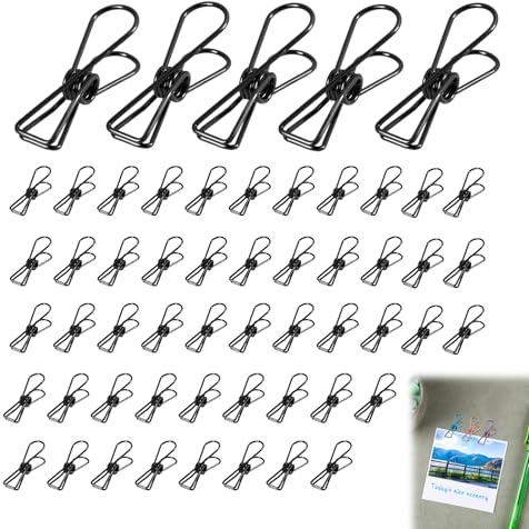 Lot de 50 Pinces à Linge Creux en Métal - 32 mm - Mini Pinces de Bureau Mignonnes pour Vêtements Factures Papier Fournitures de Bureau (Noir)