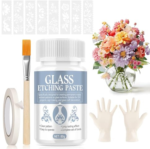 AllisWay Ätzpaste für Glas, Glas Ätzpaste Glass Etching Paste Erstellen Sie Eine Mattierte Textur für DIY Kreationen, Milchglastüren und fenster, Kunstwerke, Lampenschirme, Weingläser, Spiegel Usw 80g