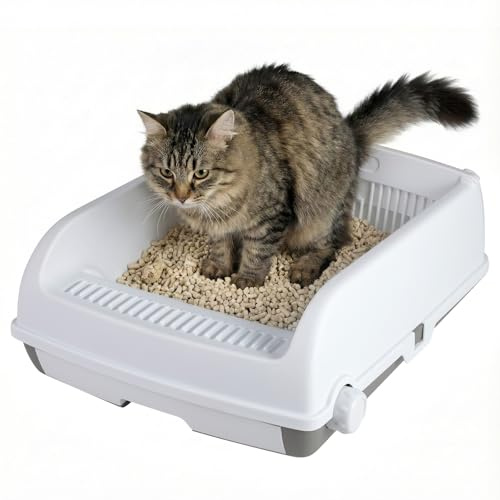 COSTWAY Bac Litiere pour Chat Semi-Automatique, Bac a Litiere à Ouverture, Tiroir Coulissant Lavable, Maison de Toilette Chat, Pelle, Marchepied Anti-Fuites, Charge 10 kg, 60 x 46 x 20 cm (Blanc)