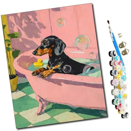 WMZPOY Malen nach Zahlen Dackel in rosa Badewanne Kits für Anfänger Erwachsene DIY Art Decor Handgemalte Malerei nach Zahlen Kreatives Geschenk Home Decoration 16x20 Zoll