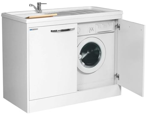 Negrari Silvestro Interno 5008 Lavatoio Copri Lavatrice Montato Bianco 109x60 H90,5 Mobile Nobilitato Idrofugo Vasca Polipropilene Reversibile Sinistra Destra Chiusura 2 Ante Battenti Slow Asse Legno