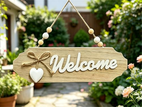 Welcome Sign, Wooden Door Sign for Front Door, Heart Shaped Door Plaque with Rope Bow, 25.8x20cm Rustic Entryway Decor, Outside Hanging Sign for Porch, Garden, Home Wall Decor