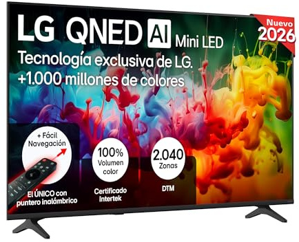 LG 55QNED70B6C - Smart TV QNED MiniLED AI 55 4K Sin Reflejos 94%, 2026 | QNED MiniLED, Smart TV, WebOS 25, Procesador Alpha 5 Gen7 AI, 120Hz, Super Upscaling, HDR10 y Dolby Digital Plus, Negro