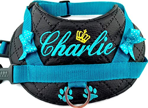 Hundegeschirr S M L XL XXL mit Wunsch Namen bestickt Kunstleder schwarz türkis kleine Hunde