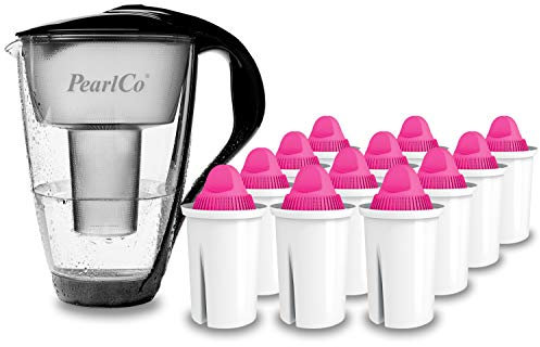 GLAS-Wasserfilter PearlCo (schwarz) mit 12 Magnesium classic Filterkartuschen - Made in EU