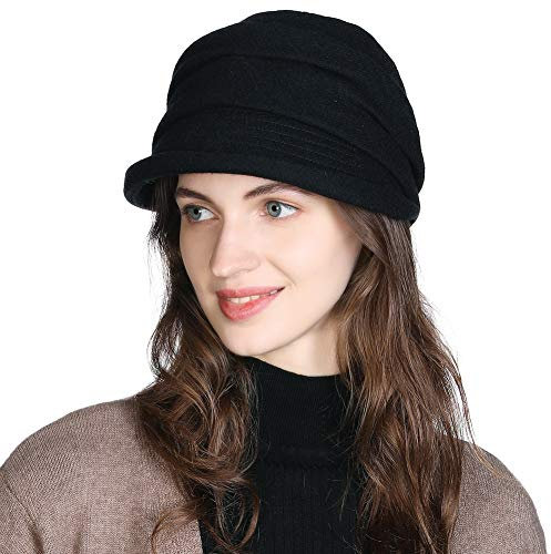 Fancet Damen Wolle Strickmütze mit Schirm Wintermütze weiche Ballonmütze Schwarz