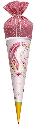 Schultüte - mit Stoff bezogen - Einhorn & Blumen - 70 cm - mit Holzspitze - rund - Filzabschluß - Stoffschultüte - Zuckertüte - Roth - Jungen Mädchen - Tiere..