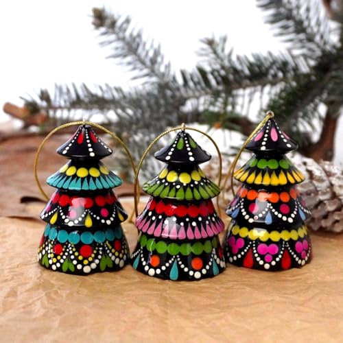Bunter Christbaumschmuck Glocke - Tannenbäumchen aus Holz 6,5 х 4,5 cm Weihnachtsglöckchen Dekoration von Hand bemalt in der Ukraine