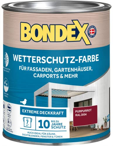 Bondex Wetterschutz Farbe Purpurrot (RAL3004) 0,75 L für 7 m² | Extreme Deckkraft | Hervorragende Witterungsbeständigkeit | seidenglänzend | Wetterschutzfarbe | Holzfarbe