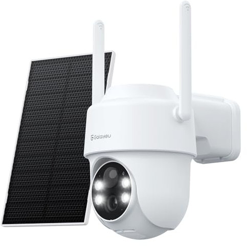 GALAYOU Telecamera WiFi Esterno Senza Fili con Pannello Solare - 2K Telecamera Esterno Wifi Batteria con Visione Notturna a Colori, PIR, Sirena R1