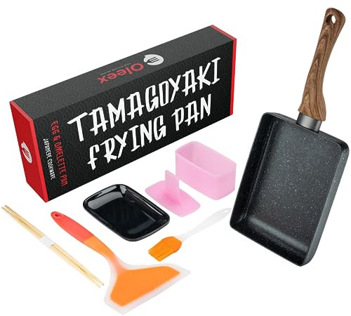 OLEEX YOUR KITCHEN HELPER - Juego de sartenes para tamagoyaki con herramientas de cocina como molde Musubi, espátula y otros accesorios de omelette, sartén cuadrada antiadherente sin PFOA, 5 x 7inch