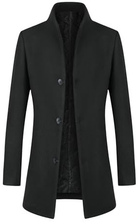Allthemen Mens Winter Trench Wool Coat Casual Warm Elegant Jacket Overcoat Slim Fit Mid Length Coat Black (Thick) L