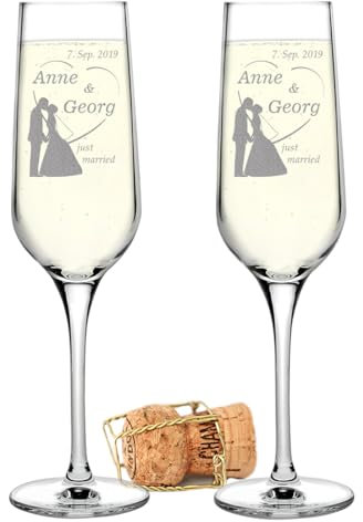 Lot de 2 verres à champagne avec gravure - Cadeau d'anniversaire de mariage pour les jeunes mariés - Pour mousseux, champagne et prosecco - Décoration personnalisée avec nom et date - Idée cadeau pour
