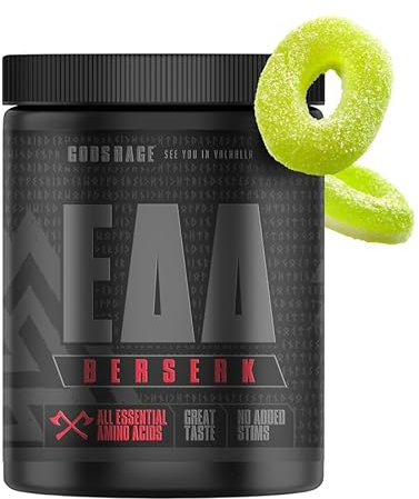 GODSRAGE Berserk EAA(Essential Amino Acids) – Hochdosierter EAA-Komplex mit 9 essentiellen Aminosäuren – 15g pro Portion & 8,8g Protein – leicht lösliches, leckeren Amino Drink (SourAppleRings) 500g
