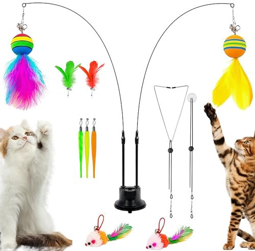 Zevmi Interaktives Katzen Feder Spielzeug mit Saugnapf: 14 StüCk Katzenspielzeug SelbstbeschäFtigung - Katzenspielzeug Angel