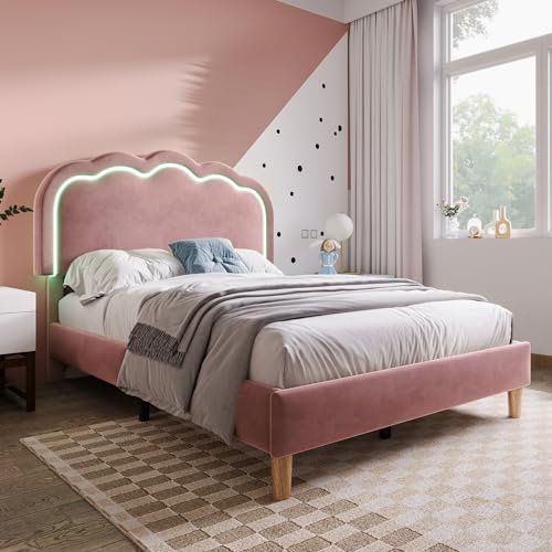 Merax Lit simple rembourré, à LED, 90 x 190 cm, tête de lit réglable, matériau en velours rembourré, rose, cadre de lit avec sommier à lattes, sans matelas