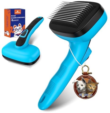 YOYUPETA Dog Self Cleaning Slicker Brush for Shedding, Ideal for Short Long Haired Dogs, Including Cat. Removes Loose Fur, Undercoat, Mats, Tangled Hair. Suit for Small Medium Large Animal, Blue