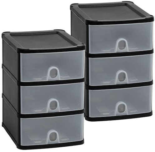ALEEZ - 3 Tier Plastic Storage Drawer - Clear Transparent Drawer Box - Desktop Stationary Art Storage Organiser Tower Unit - 3 Drawer Tabletop Office, Cabinet - Suitable for A5 paper Black/Clear (2)