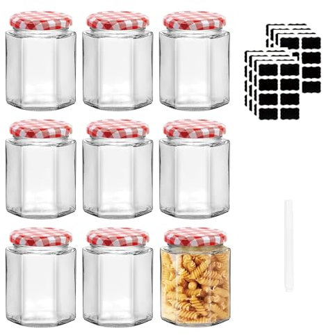 DYUEE Glass Jam Jars Set of 9 with Red Gingham Lid, 280ml/9oz Hexagonal Storage Glass Jars with Stickers and Pens for Marmalade, Chutney, Jam, Pickle