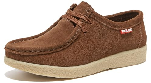 TRULAND Zapatos Oxford de Piel para Mujer, Zapatos Planos Wallabees de Gamuza con Cordones, Puntera de mocasín, Plataforma Baja, Café, 40 EU