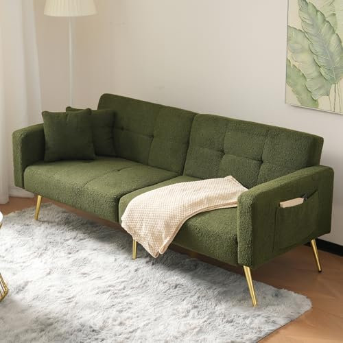Miyemo Sofa Bed with 3 Adjustable Backrest Angles, Convertible Day Bed with cushions and side storage pockets, 2 seater sofa, Soft Sherpa Surface and Gilded Legs, Green