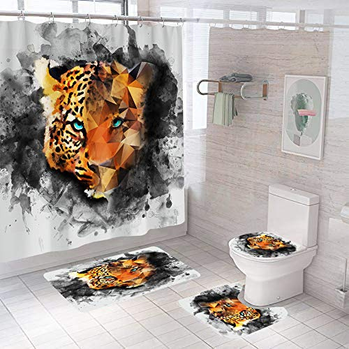 Badgarnitur 4 Teilig Badezimmerteppich Waschbar Badematte rutschfest,Wc Vorleger Mit Ausschnitt Badematte Und Duschvorhang,Badvorleger Toilette Teppich 45X75Cm Leopard