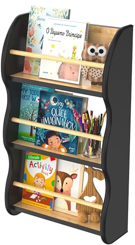 defiPad Wandregal für Kinderzimmer - Bücherregal Kinder mit 3 Ablagen - Montessori Spielzeugregal Wand - Robust Kinderregal für Bücher und Spielzeug - Made in EU (Schwarz Eiche, 3 Ebenen (75 x 45CM))