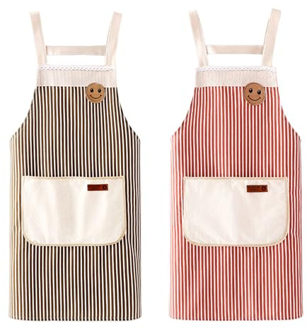 Hwtcjx 2 Piezas Delantal Antiincrustante y Ajustable, Delantal de Cocina, Rayas Mandiles con Bolsillos para Cocinar y Hornear para Mujeres, Hombre y Pareja (Rojo, Café)