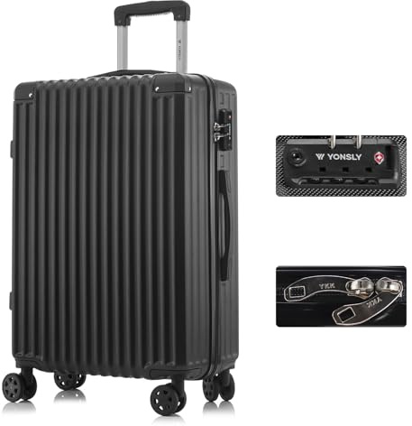 YONSLY Premium Reisekoffer TSA-Schloss,YKK-Reißverschluss Hartschalen-Koffer Trolley Rollkoffer Suitcase Handgepäck 4 Rollen (Schwarz, L)