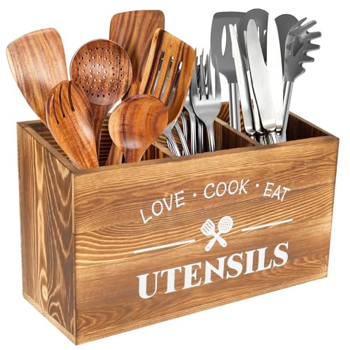 Wooden Utensil Holder 3 Compartment Kitchen Utensil Pot Cutlery Organiser | Kitchen Utensils Holder Cooking Tools Storage Box Spoon Holder Farmhouse Countertop Drawer Organiser Wooden Caddy Brown
