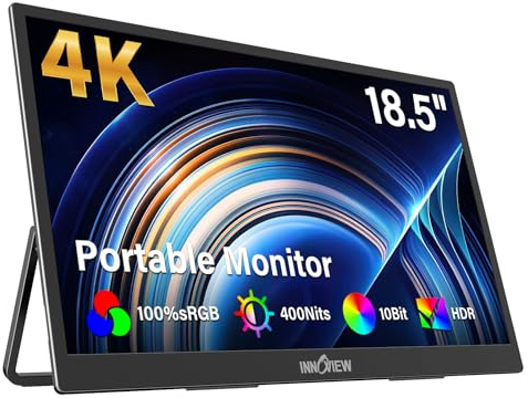 InnoView 4K Portable Monitor 18.5 3840x2160 UHD USB-C HDMI for Laptop, 400 nits IPS Computer Gaming Display HDR Travel Monitor with W/180°Adjustable Stand for Desktop Mac Phones Tablet PS5/4 Switch