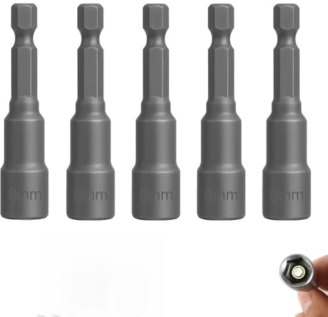 5 Pcs 8mm Hex Bit, 8mm Nut Driver Set 1/4” Impact Drive Socket with Magnetic, Allen Key Drill Woodworking Household DIY Professional Machine Repairs Screwdriver Bits Chrome Vanadium Steel, 65mm Length