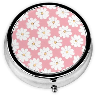 White Chrysanthemum Texture Chart A Round Mini Pillbox with Three Compartments for Storing Vitamins, Fish Oil, and Nutritional Supplements.