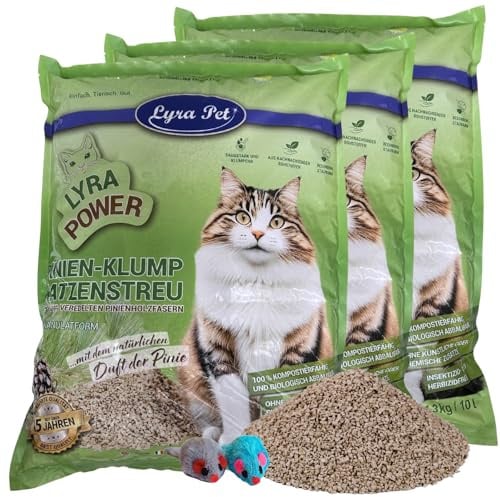 Lyra Pet® 3 x 10 Liter Lyra Power Pinien Katzenstreu klumpend + 2 Mäuse | Aus Pinienholzfasern - Natürliche, biologisch abbaubare Klumpstreu - 500 % Saugkraft - Auch für sensible Katzen - Staubarm