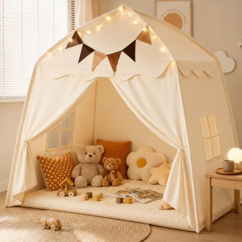 Tienda de campaña de cúpula para interior y exterior, extra grande, plegable, 150 x 100 x 150 cm, tienda de campaña portátil para interior con ventanas, guirnalda de banderines y luz de estrellas