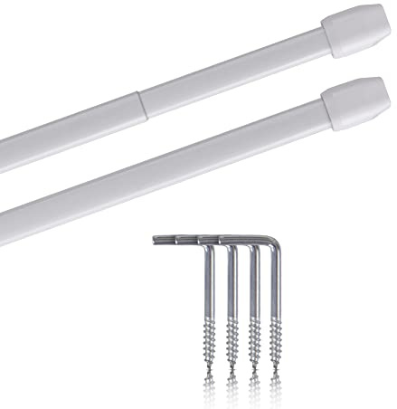 Vitragestangen 2er Pack ausziehbar, 2 Gardinenstangen mit Selbstklebehaken - Befestigung ohne Bohren - (Farbe: weiß, Größe: 60-90cm)