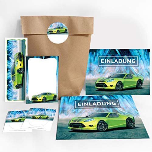 JuNa-Experten 10 Einladungskarten Geburtstag Kinder Junge Rennauto/Rennwagen/Auto incl. 10 Umschläge, 10 Tüten/natur, 10 Aufkleber, 10 Lesezeichen, 10 Blöcke