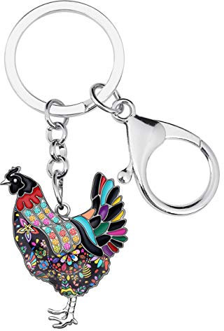 WEVENI Emaille Legierung Strass Huhn Schlüsselanhänger Henne Schlüsselkette Tasche Auto Charms Für Frauen Mädchen (Schwarz)
