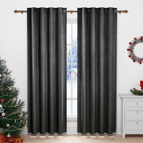 WOLTU 2 Stücke Samtvorhänge Blickdicht Verdunklungsvorhang mit Kräuselband Thermogardine, 300 g/m² Schwere Samtige Verdunkelungsgardinen für Schlafzimmer Wohnzimmer, 140x245 cm(B x H) Dunkelgrau