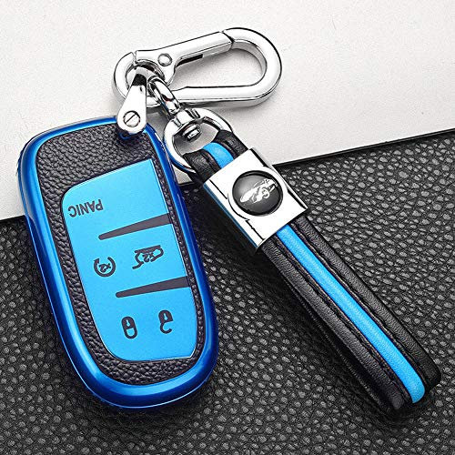 ontto Autoschlüssel Hülle für Jeep Renegade Compass Grand Cherokee for Chrysler 300C Wrangler Dodge Fernbedienung Cover TPU Leder Schlüsselhülle Schlüsselanhänger Schlüssel Schutz Etui 5 Tasten-Blau
