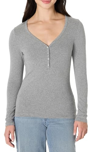 Amazon Essentials Women's Ribbed Knit Long-Sleeved Henley Slim Fit T-Shirt