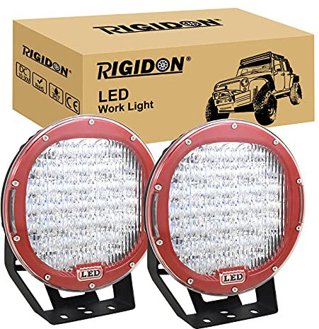 RIGIDON 2 Pcs Rot Auto rund Scheinwerfer, 9 Zoll 23cm 225W led flutstrahler, Offroad Beleuchtung für SUV ATV, Traktor, LKW, 4x4 6000K led nebelscheinwerfer, led arbeitslicht arbeitsscheinwerfer