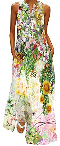 WINKEEY Femme Robe Longue Imprimé Floral Maxi Robe Bohème avec Poches sans Manches Grande Taille, Peinture XL